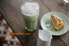 fresh iced matcha latte with sweet pie